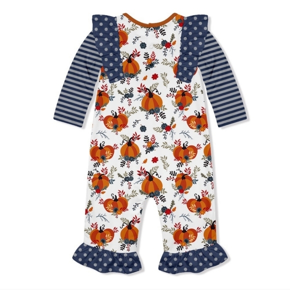 Little Millie | Pumpkin Patch & Dusty Navy Stripe Playsuit - 3 months - Picture 2 of 2